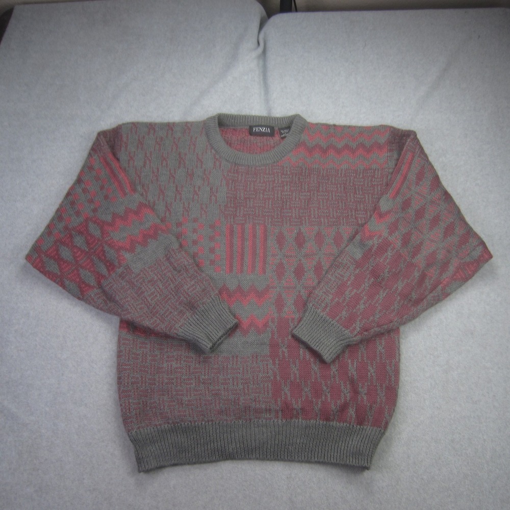Vtg FENZIA Sweater Mens Large Geometric Wool‎ Blend Long Sleeve Knit Grandpa